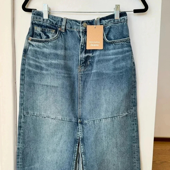 NWT Reformation Tazz Maxi Denim Jean Skirt Slit Blue 25 - Picture 7 of 15